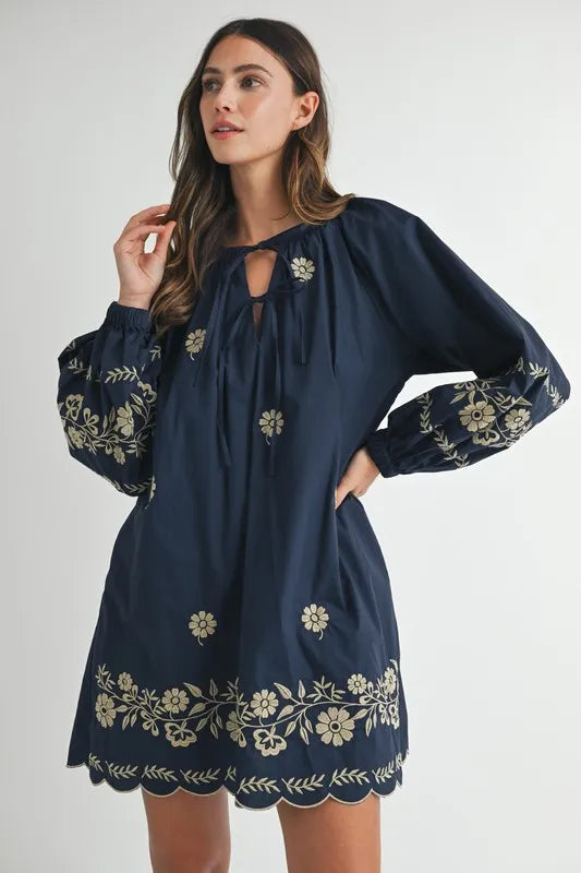 MABLE Embroidered Long Sleeve Peasant Mini Dress-Soul Flow Apparel