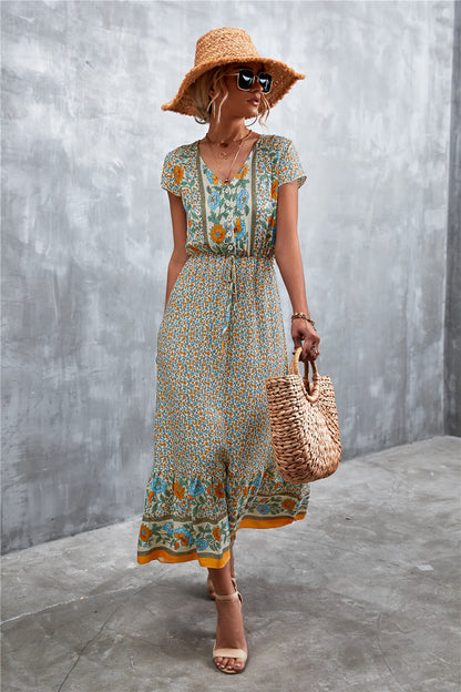 V-Neck Short Sleeve Printed Maxi Dress-Soul Flow Apparel