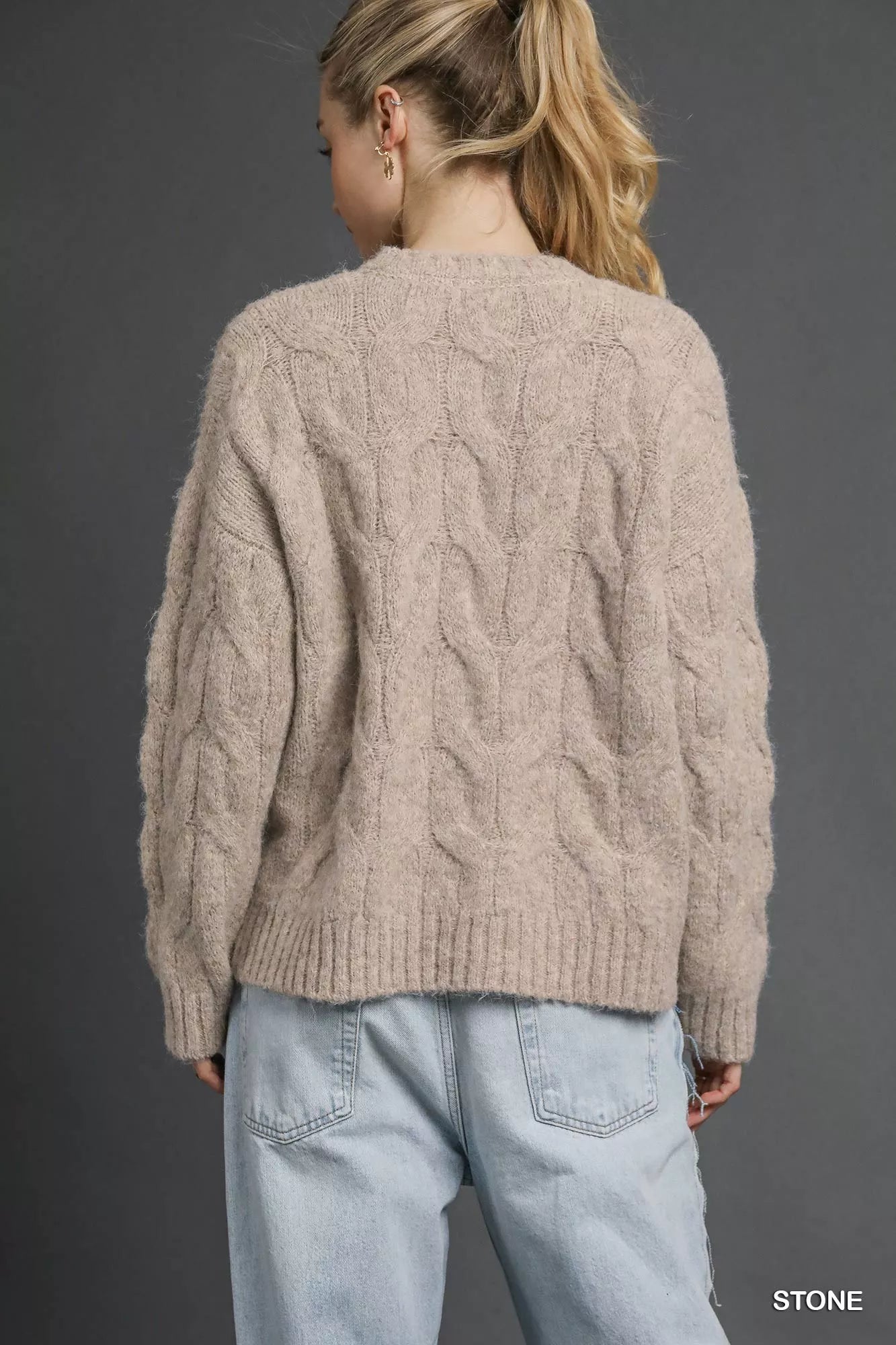 Umgee cable knit sweater in stone with a cozy and stylish design ideal for casual wear