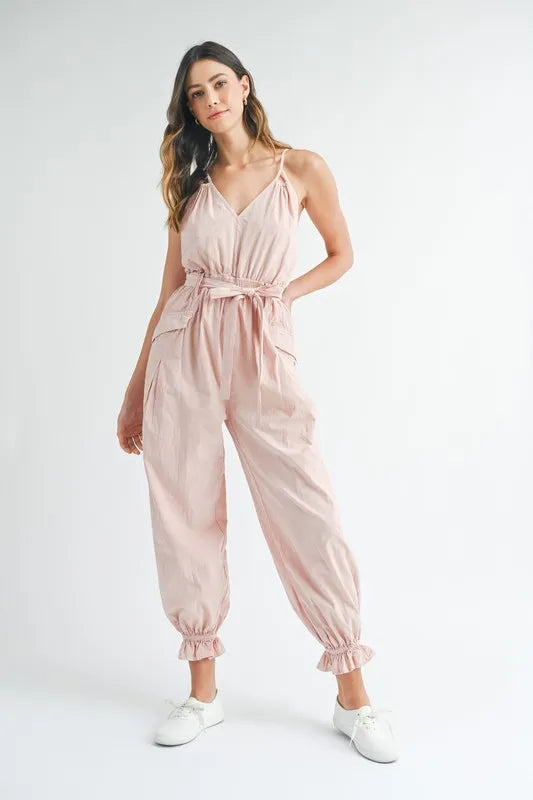 MABLE Washed Fabric Spaghetti Strap Waist Belted Jumpsuit-Soul Flow Apparel