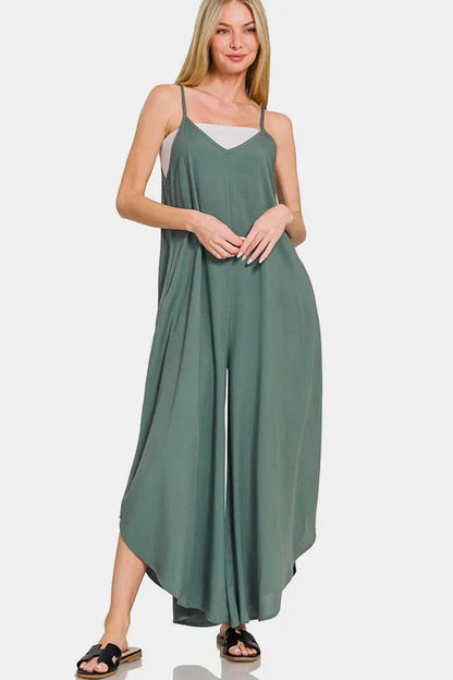 Trendsi boho wide leg overalls for women in green with stylish flowy design and adjustable straps