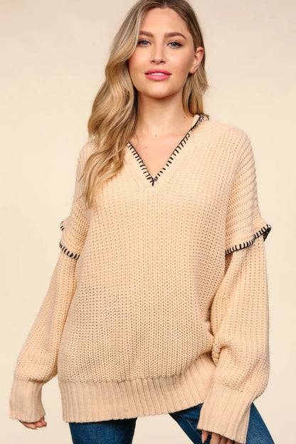 Trendsi boho contrast stitch hooded sweater in beige with wide sleeves and v-neck design