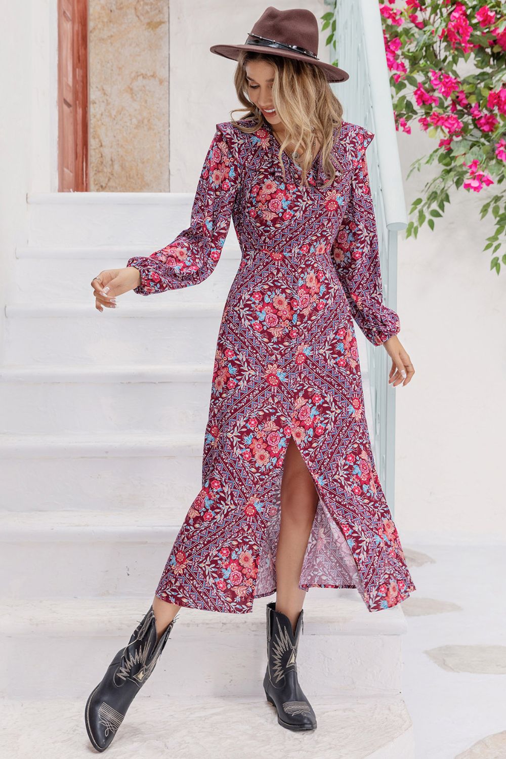 Printed Long Sleeve Slit Midi Dress-Soul Flow Apparel
