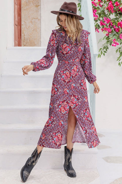 Printed Long Sleeve Slit Midi Dress-Soul Flow Apparel