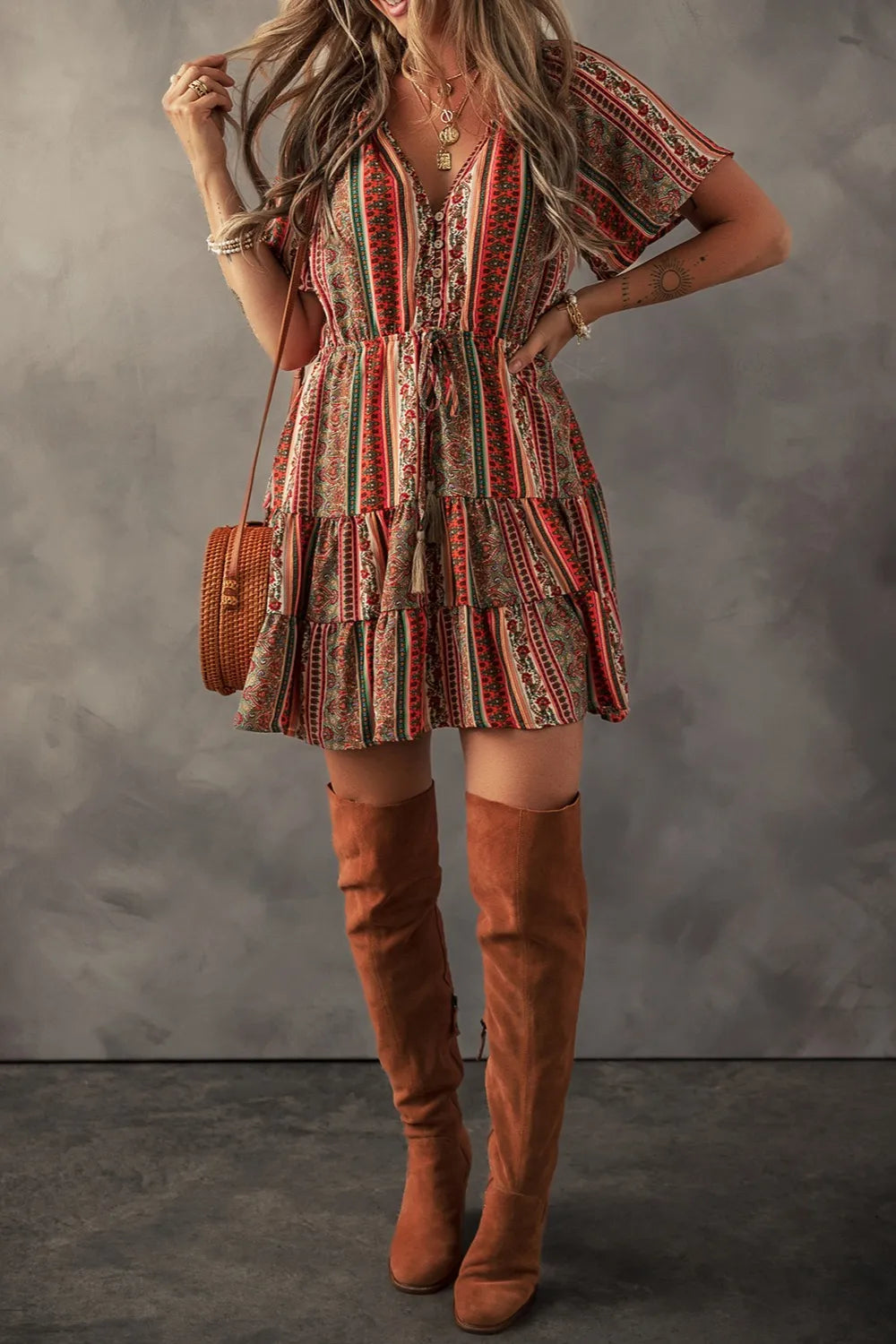 Bohemian Floral Print Buttoned V Neck Ruffle Tiered Dress-Soul Flow Apparel