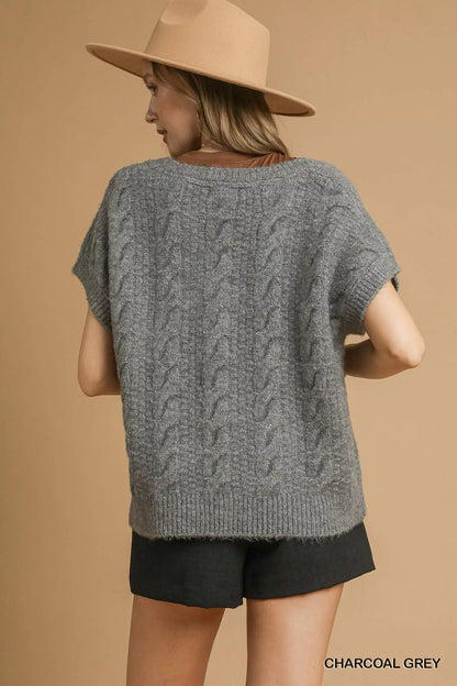 Umgee cable knit sweater in charcoal grey with short sleeves and a relaxed fit