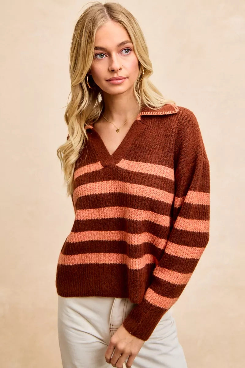 Trendy striped sweater top for women in brown and pink with a V-neck and relaxed fit