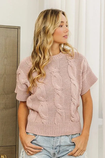Trendsi cable knit sweater top in soft pink with short sleeves and relaxed fit