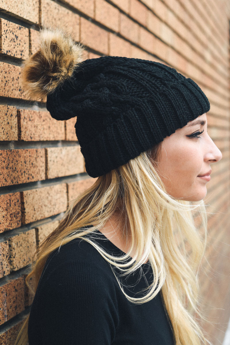 Cable Knit Beanie with Faux Fur Pom-Soul Flow Apparel