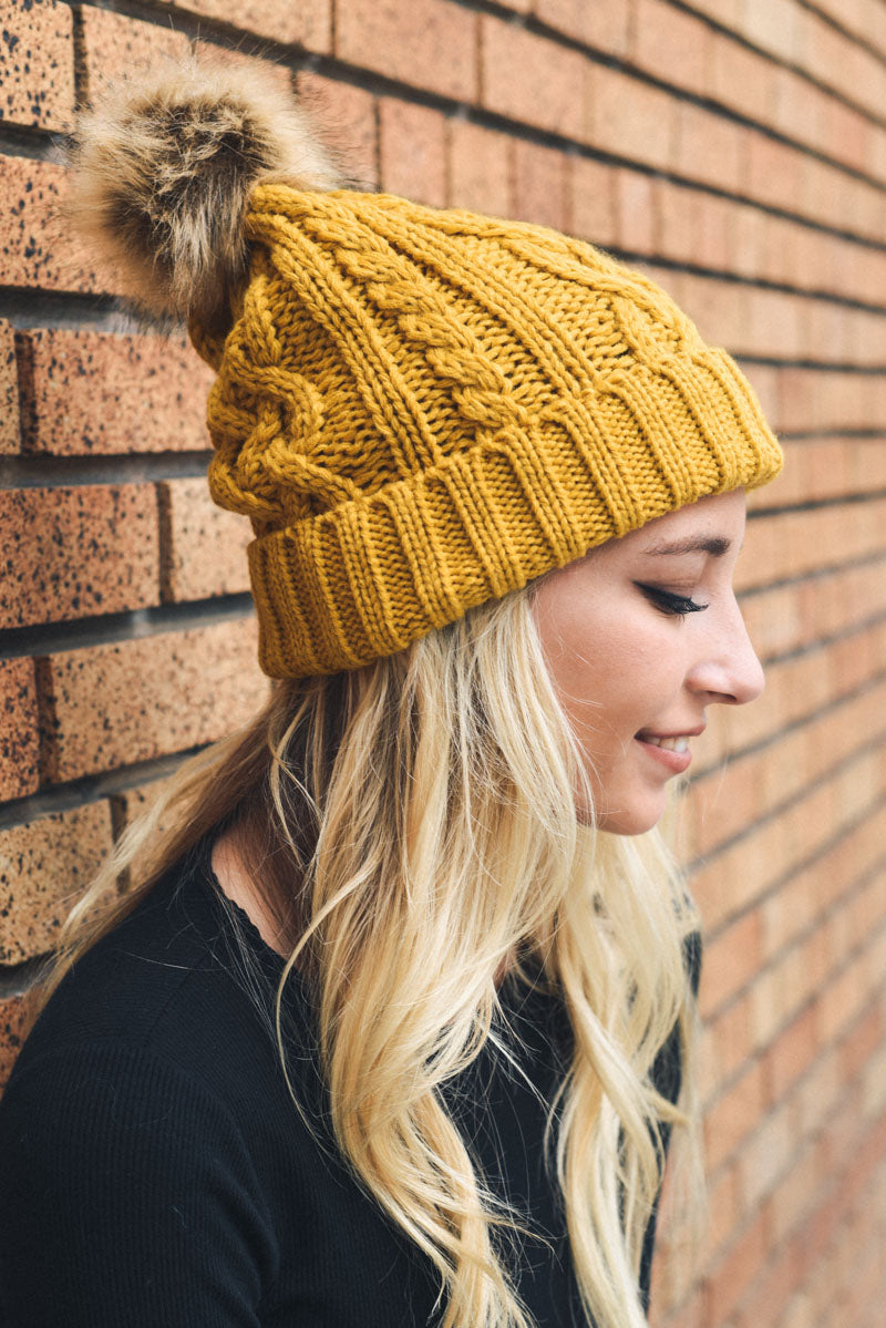 Cable Knit Beanie with Faux Fur Pom-Soul Flow Apparel