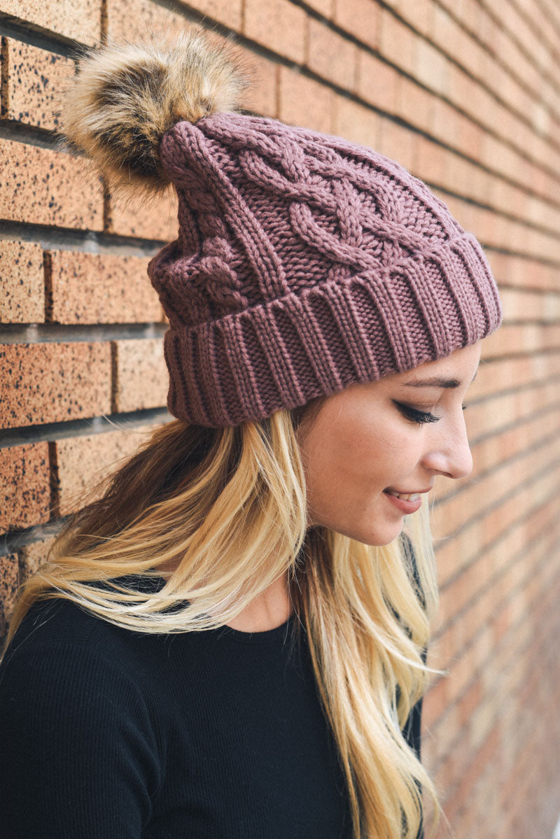 Cable Knit Beanie with Faux Fur Pom-Soul Flow Apparel