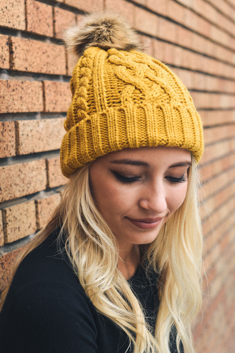 Cable Knit Beanie with Faux Fur Pom-Soul Flow Apparel