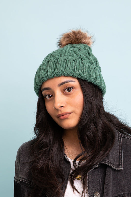 Cable Knit Beanie with Faux Fur Pom-Soul Flow Apparel