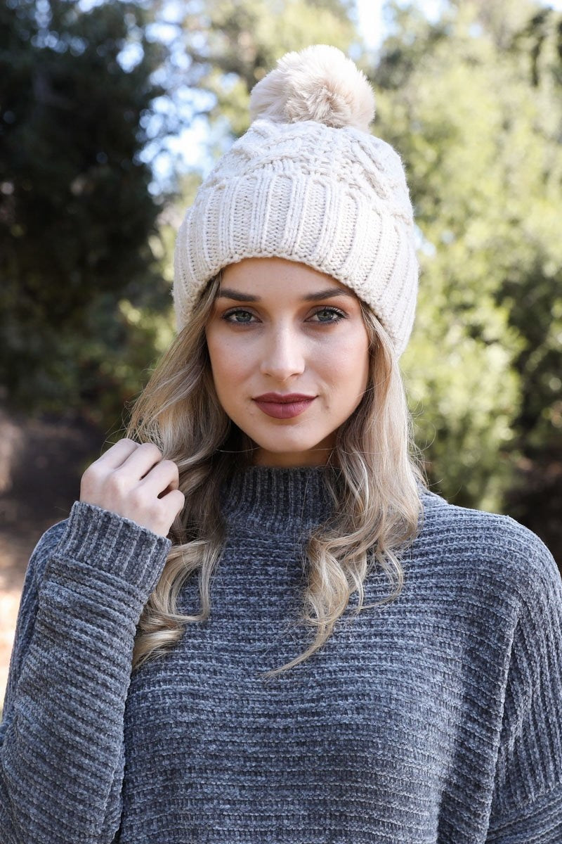 Cable Knit Pom Beanie-Soul Flow Apparel