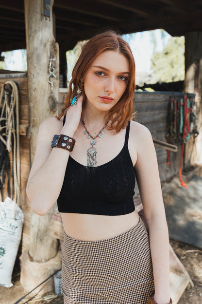 Leto Collection boho cable stitch brami in black, featuring a stylish crop design for a chic look