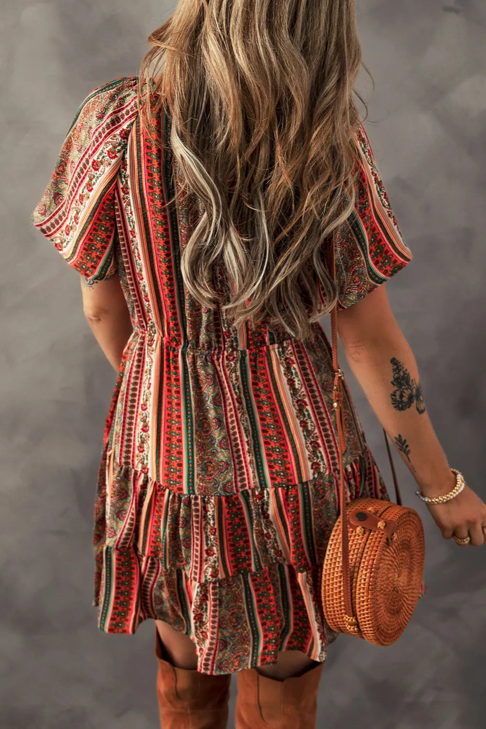 Bohemian Floral Print Buttoned V Neck Ruffle Tiered Dress-Soul Flow Apparel