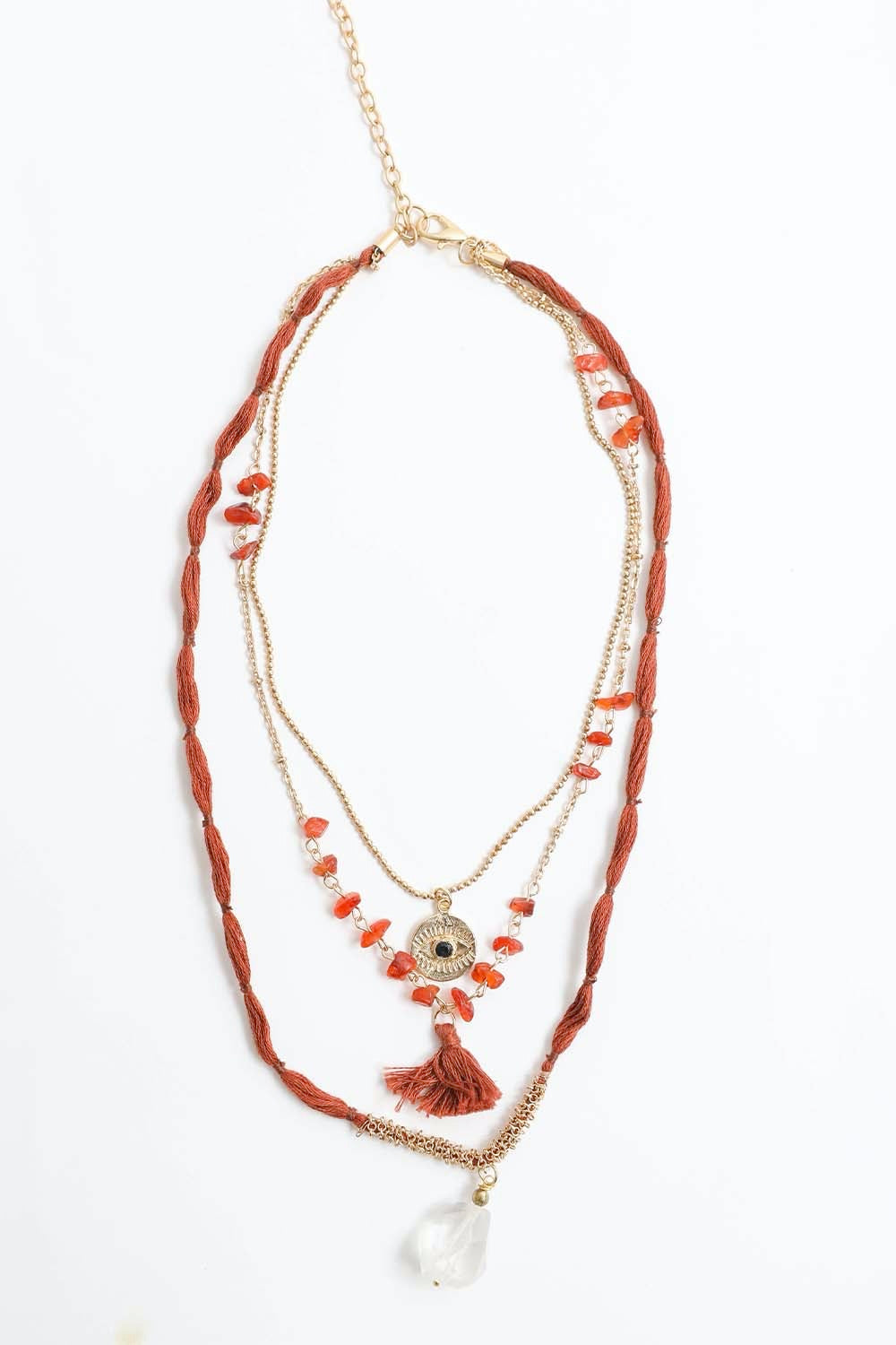 Leto layered Boho Necklace, Boho Chic Jewelry, Spiritual orange thread and gold chain with coin tassel and teardrop pendant