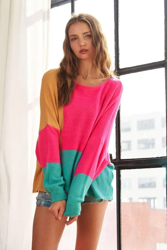 Trendsi Boho Colorblock Sweater in Pink, Gold, and Teal for a Trendy Casual Look