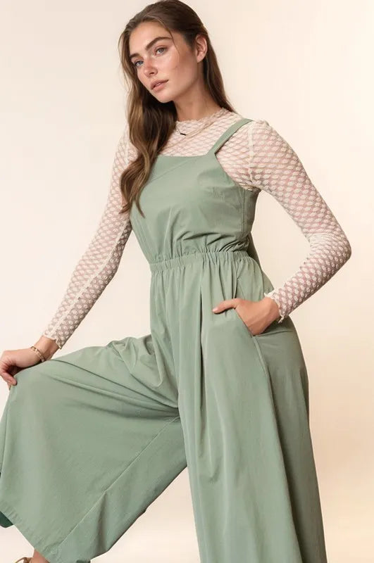 Davi & Dani Creased Wide Legs Elastic Waist Jumpsuit-Soul Flow Apparel