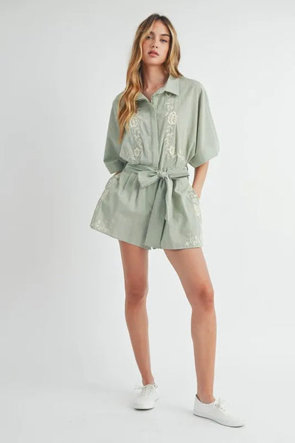 Trendsi embroidered button down romper in light green with oversized sleeves and decorative stitching