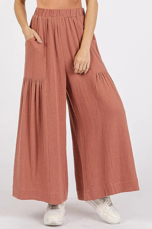 Gauze Elastic Waist Pleated Wide Leg Pants-Soul Flow Apparel
