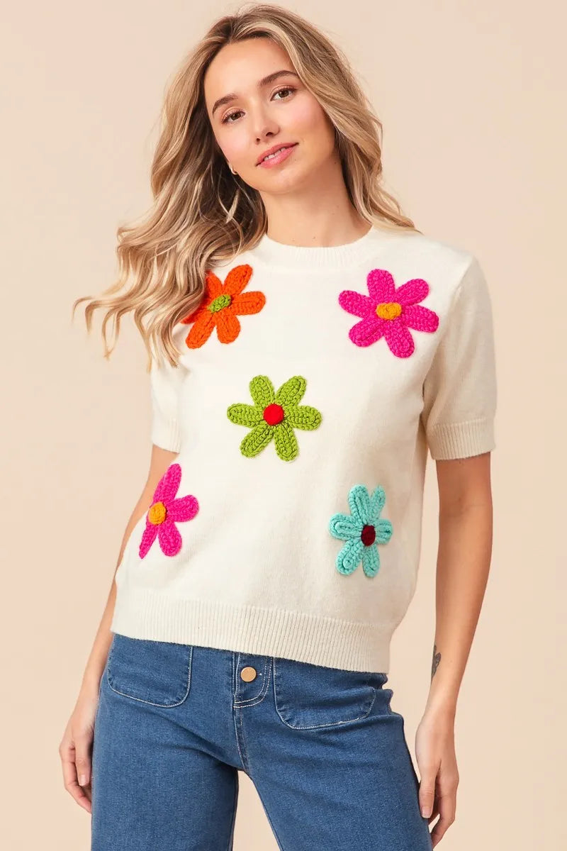 Trendsi crochet flower sweater top with colorful flower appliques for a vibrant and stylish look