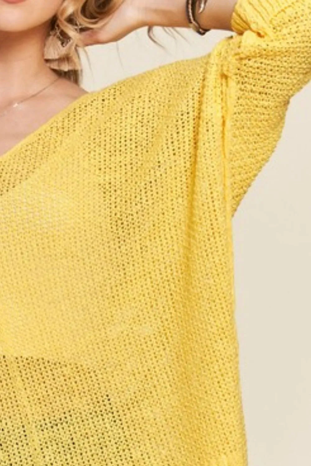 Trendsi boho loose fit sweater top in bright yellow with a relaxed V-neck design and oversized sleeves