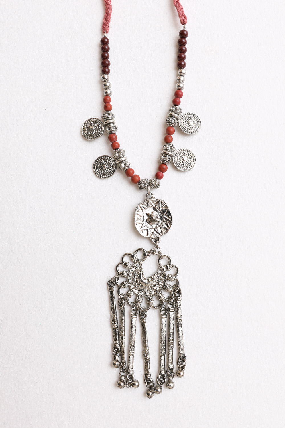 Leto Collection Boho Necklace, Boho Chic Jewelry, Spiritual silver pendant fringe with red beads on braided cord