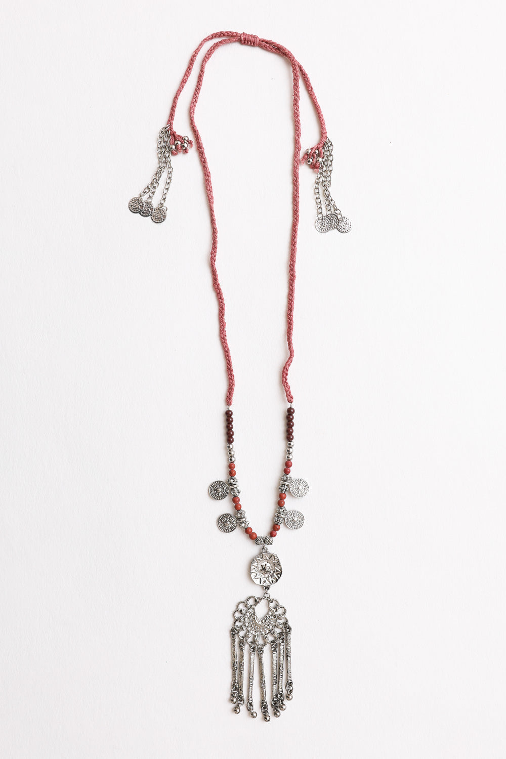 Leto Collection long red cord necklace with silver coin charms and tassel pendant Boho Necklace, Boho Chic Jewelry, Spiritual
