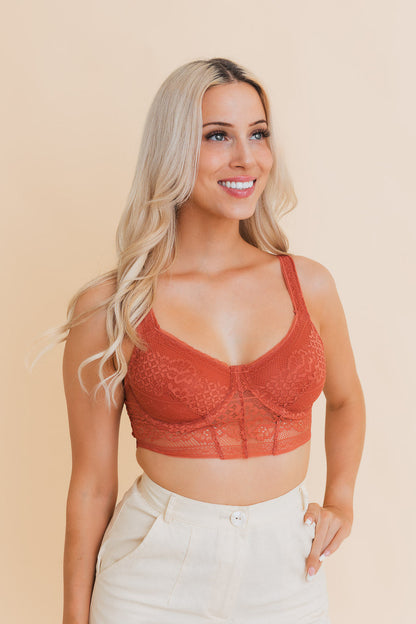 Rust Lace Longline Bralette from Leto Collection with Soft Fabric and Supportive Design