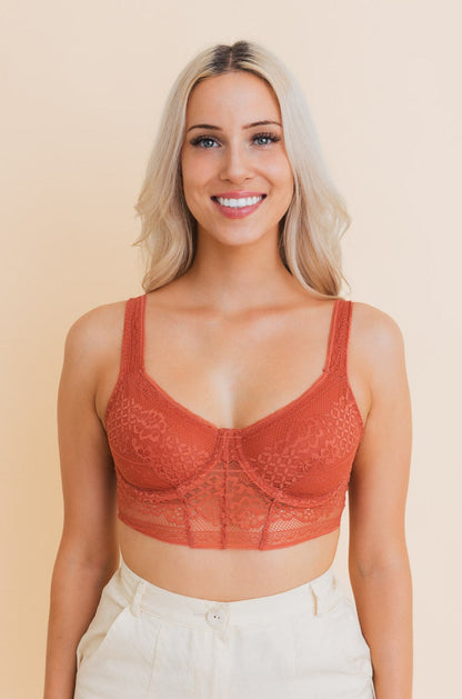 Leto Collection Lace Longline Bralette in Rust Color with Comfortable Fit and Stylish Design