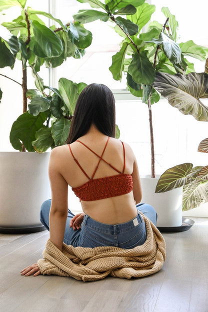 Leto Collection boho crochet bralette in earthy tones with stylish crisscross straps