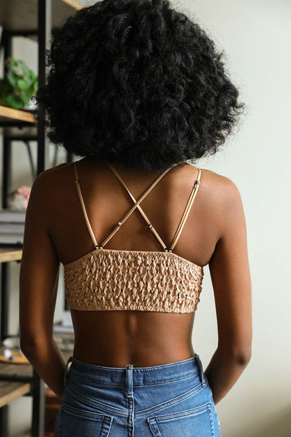 Leto Collection boho crochet bralette in beige with crisscross back design for stylish comfort