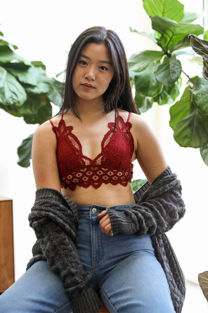 Leto Collection Boho Crochet Bralette in Burgundy with Floral Lace Detailing and Adjustable Straps