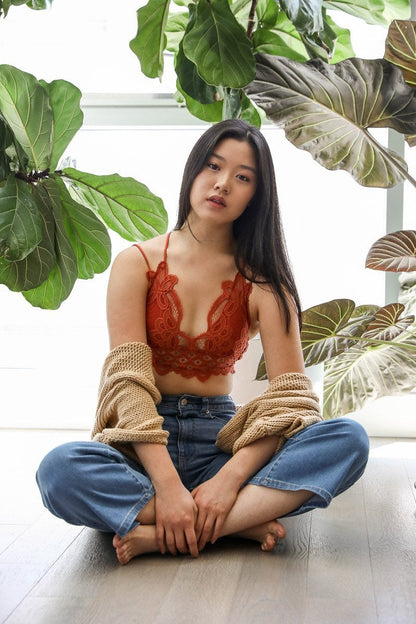 Leto Collection Boho Crochet Bralette in Rust Color, Perfect for Layering with Casual Outfits