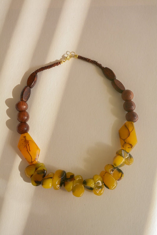 Leto Collection Boho Necklace, Boho Chic Jewelry, Spiritual yellow stone and wood bead necklace with gold clasp