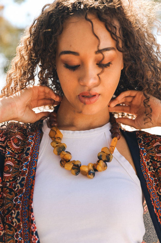 Leto Collection model wearing chunky amber brown bead Boho Necklace, Boho Chic Jewelry, Spiritual style