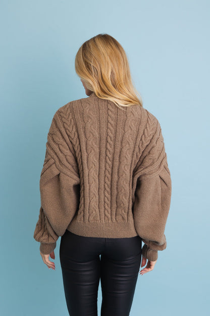 Leto Collection chunky cable knit cropped cardigan in brown with oversized sleeves
