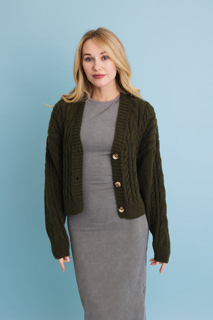 Leto Collection Chunky Cable Knit Cropped Cardigan in Olive Green with Button Closure