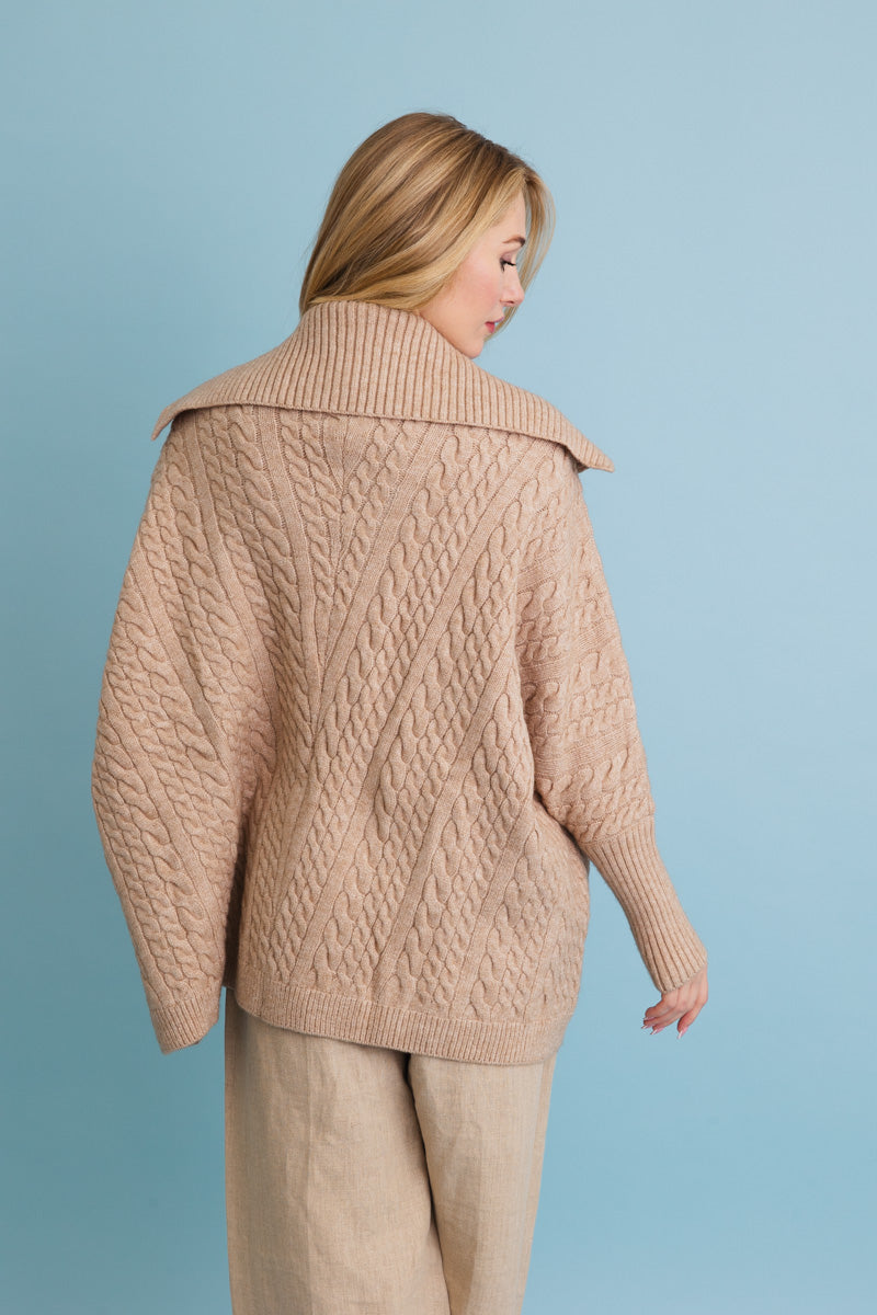 Leto Collection chunky cable knit poncho cardigan in beige with a stylish oversized collar