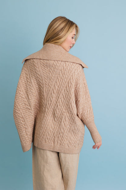 Leto Collection chunky cable knit poncho cardigan in beige with a stylish oversized collar