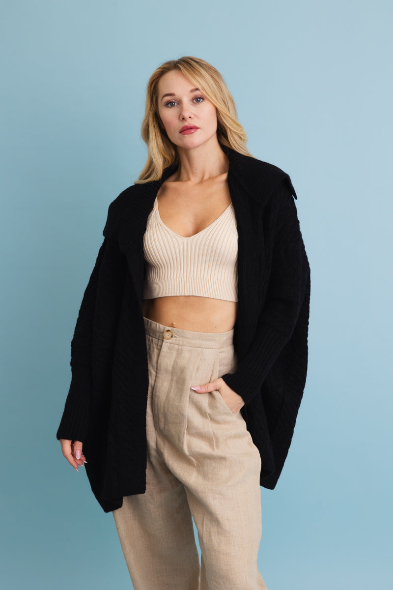 Leto Collection Chunky Cable Knit Poncho Cardigan in Black, Perfect for Layering in Chilly Weather