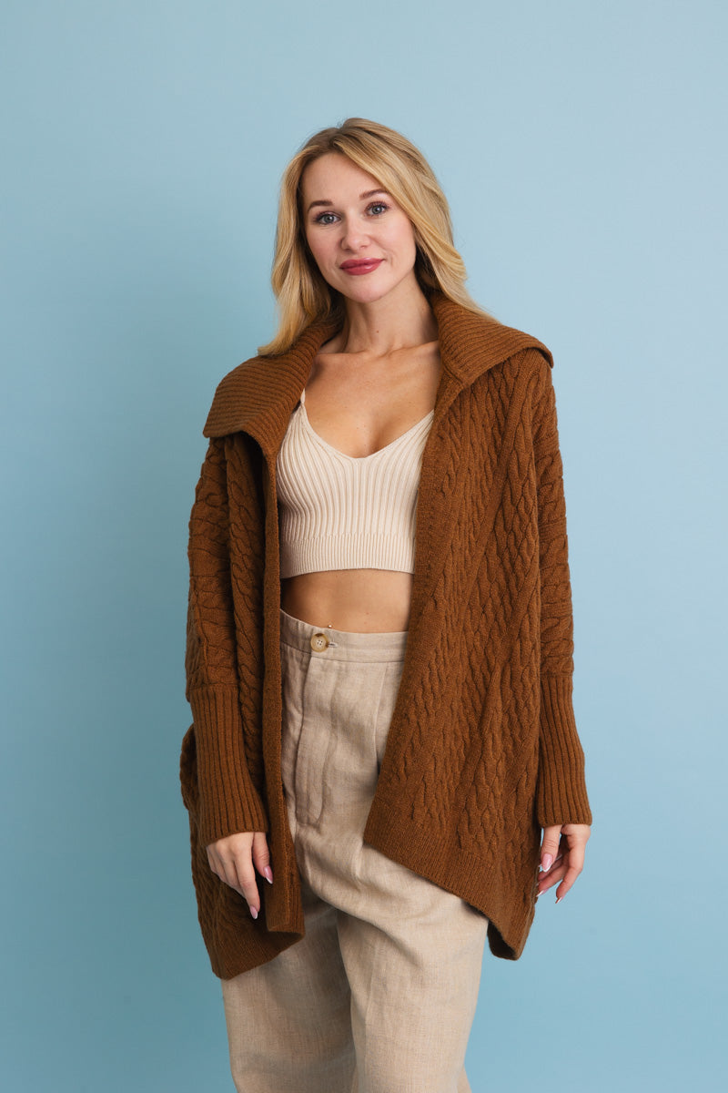 Leto Collection chunky cable knit poncho cardigan in brown with oversized collar and textured design