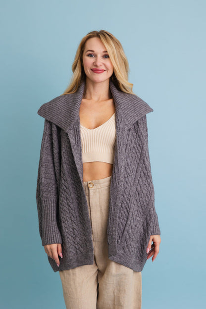 Leto Collection Chunky Cable Knit Poncho Cardigan in Gray with Oversized Collar and Cozy Fit