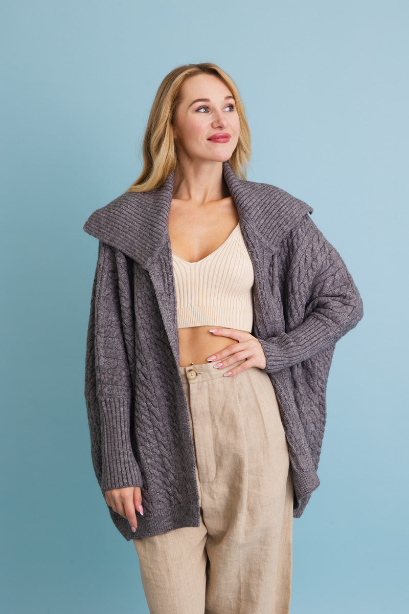 Leto Collection Chunky Cable Knit Poncho Cardigan in Gray for Stylish Layers