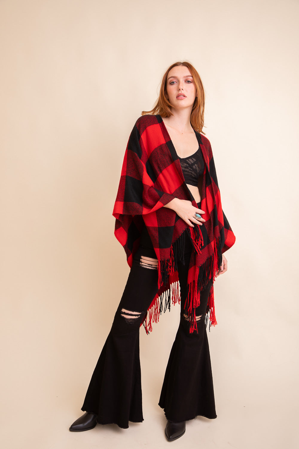 Classic Buffalo Check Tassel Ruana-Soul Flow Apparel
