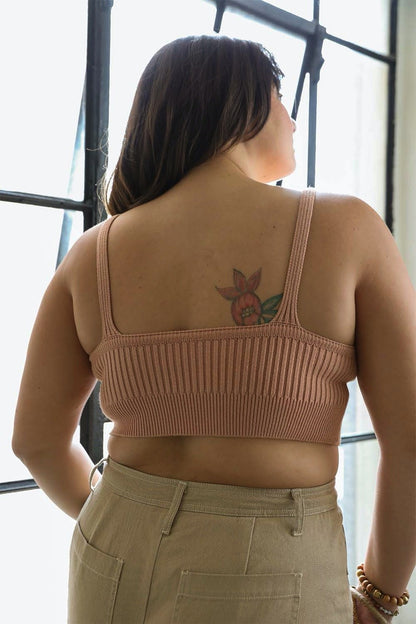 Plus size ribbed brami top in blush color with adjustable straps and a comfortable fit
