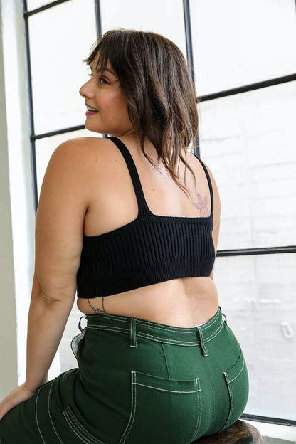 Plus size ribbed brami top in black, featuring a stylish design and comfortable fit for everyday wear.