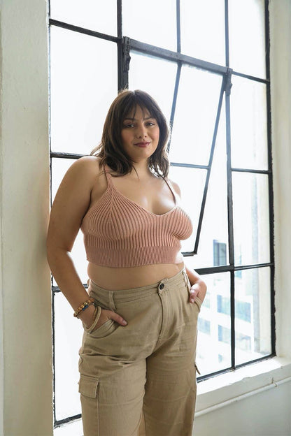 Leto Collection plus size ribbed brami top in blush color, styled with high-waisted trousers