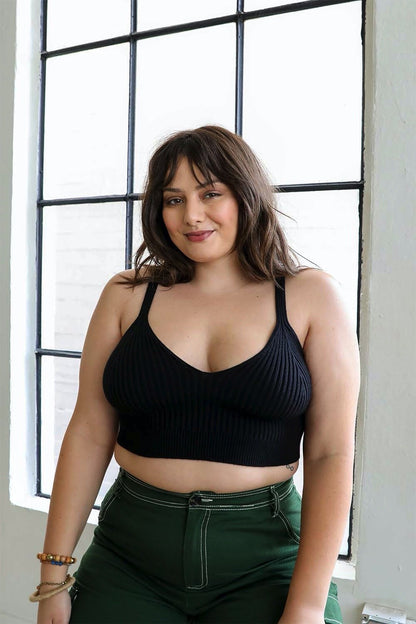 Plus size ribbed brami top in black, featuring adjustable straps and a comfortable fit